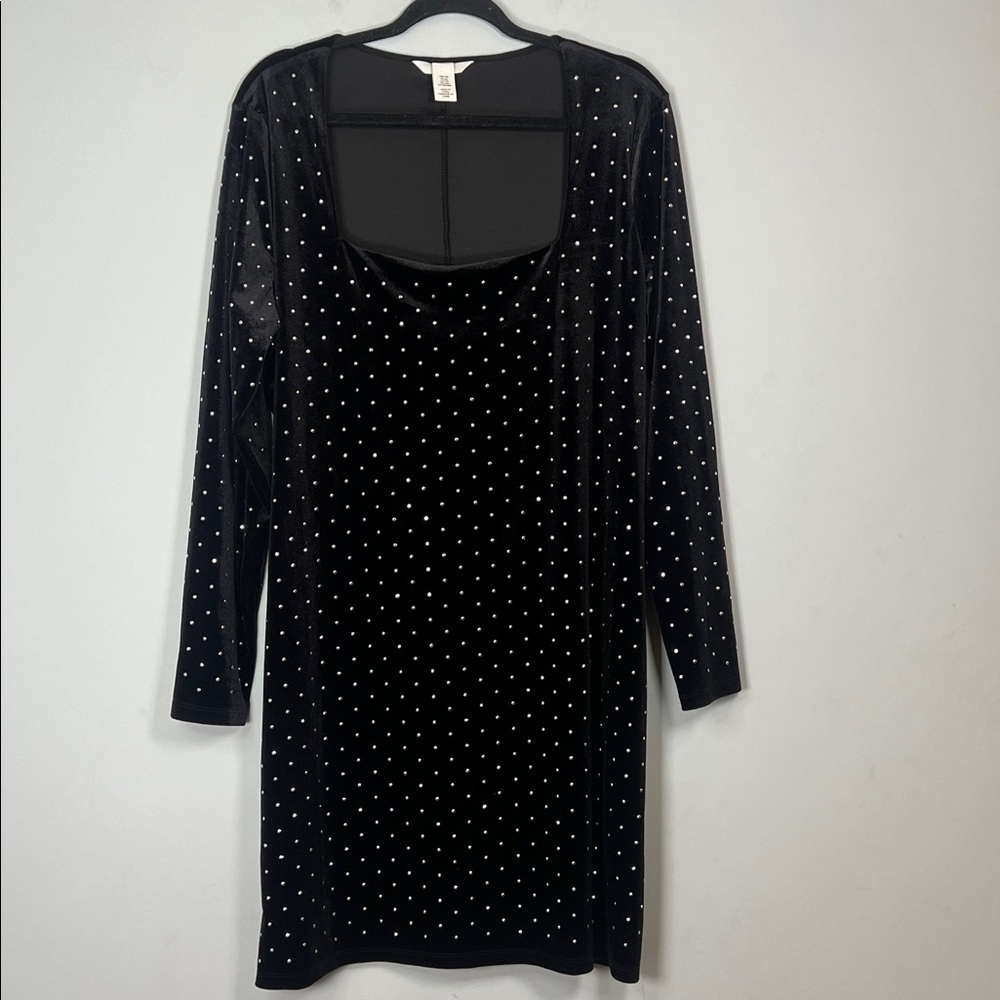 H&M Women's Elegant Black and Silver Velour‎ Long Sleeve Mini Dress Size XXL